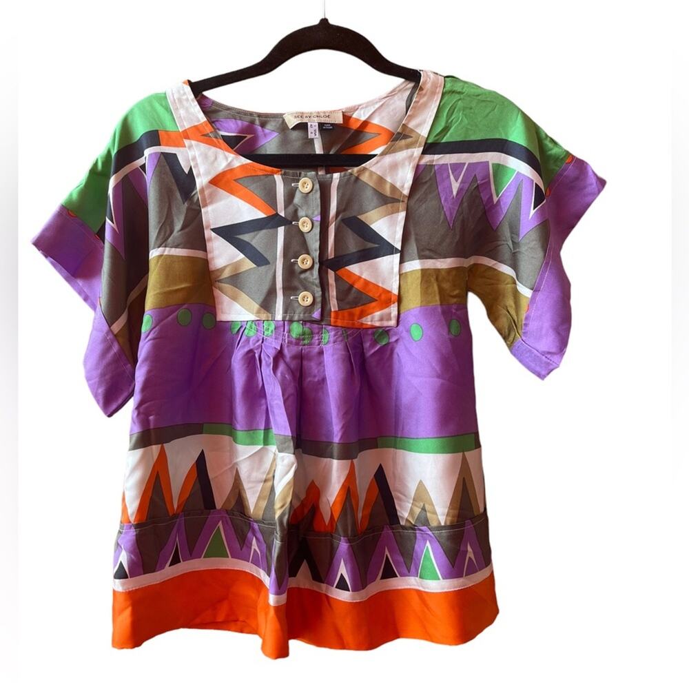 See by Chloe 100% Silk Color Graphic Geometric Shapes Boho Blouse 6